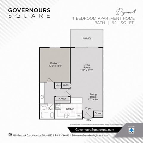 Floor plan for 1 bed, 1 bath, 621 sqft